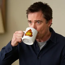 Michael J Fox drinking holding a poop emoji mug