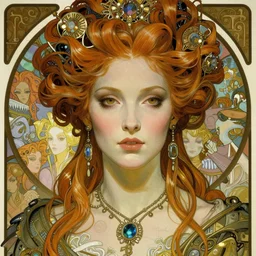 realistic detailed face portrait of otherworldly alien baroque cyberpunk queen marie antoinette by alphonse mucha, ayami kojima, amano, greg hildebrandt, and mark brooks, art nouveau, female, feminine, rococo cyberpunk, neo - gothic, gothic, character concept design