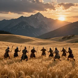 landscape photography by marc adamus, vikings fighting romans, wheat field, sunset, dramatic lighting, mountains, beautiful, hyper detailed, uhd,