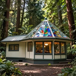 exterior of a psychedelic solarpunk Frank Lloyd Wright house with a stained glass roof in the redwoods on a sunny day, award winning hd 8k photo
