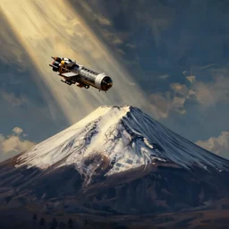 An oil painting of spaceship landing on mount Fuji