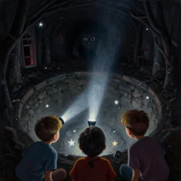 an incredibly gorgeous painting of three kids shining a flashlight down some cellar stars | house is pitch black | something lurks in the dark | fear | exciting | adventure | stranger things | what's hiding in the cellar | over the shoulders of the kids as they look down into the cellar | by james gurney with greg rutkowski | trending on iamag. co | trending on artstation | 1 point perspective