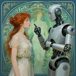a cinematic scene girl and robot in conversation, blue green background, intricate, elegant, highly detailed, digital painting, artstation, concept art, smooth, sharp focus, illustration, art by artgerm and greg rutkowski and alphonse mucha