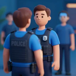 close - 3 d people, the guy, apparently works in the police. uniform, bulletproof vest, blue t - shirt. the dollar icon is on it. scanned people and determine that a couple of people have blue blood or is it shallow energy ( psykers ), night, art house, evening, 2 k