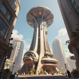matte painting of the street level view of umbrella tower. retrofuturistic architecture. dynamic perspective. urban, detailed digital art trending in artstation