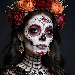 a gorgeous fancy skull lady by dan mumford and gil elvgren, sugar skull, hyperrealism, intricate details, exceptional beauty, fool, high contrast, high fashion
