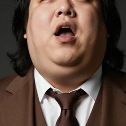 Close up portrait of a clean-shaven chubby man with long black hair wearing a brown suit and necktie. Photorealistic. Award winning. Dramatic lighting. Intricate details. UHD 8K. His mouth his open.
