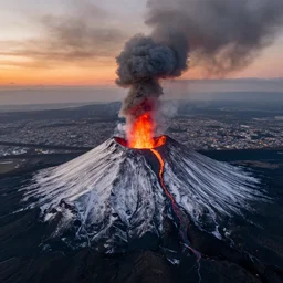 an aerial view of an erupting volcano, sunset, no clouds, snowy mountain, lava going down the mountain, near big city,, thunders in the black smoke, dramatic filter