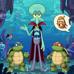 a cartoon character with a vampire squid head and cape that is tall and thin with color inspiration from rolly crump character designer on the haunted mansion ride character sheets that focuses on an ocean setting with help from lead artist Andy Suriano for rise of the teenage mutant ninja turtles on nickelodeon using artistic cues from hazbin hotel creator Vivienne medrano