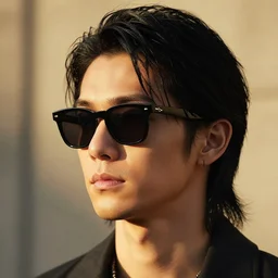 realistic photography portrait of young japanese male rock singer without beard, with black sunglasses with a black mullet, golden hour lighing, intricate, elegant, highly detailed, sharp focus,