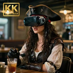 a high quality portrait of a beautiful stunning pirate in a cyberpunk cyberpunk cyberpunk cafe wearing a VR visor, realism, 8k, award winning photo