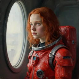 a window - lit realistic portrait painting of a thoughtful girl resembling a young, shy, redheaded alicia vikander or millie bobby brown wearing a futuristic red plastic spacesuit, lit by an oval window at the side, highly detailed, intricate, by leonardo davinci