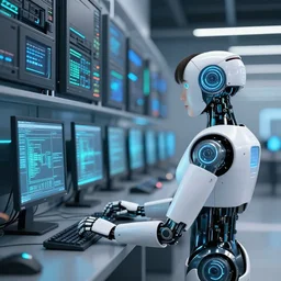 A robot woman guarding a wall of computers