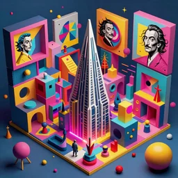 A surreal neon render of Zaha hadid 3d kandinsky city made of cubism futuristic picasso rooms in 3 point perspective by Vladimir kush and dali and kandinsky, 3d, realistic shading, complimentary colors, vivid neon colors, aesthetically pleasing composition, masterpiece, 4k, 8k, ultra realistic, super realistic