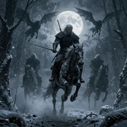 the wild hunt, wraiths riding in the sky, mythical creatures in undead nightmare, bad omen, enchanted forest, blizzard storm, fog, full moon, snowy environment, in the style of the witcher series, hyperrealism, atmospheric, cinematic, disturbing, breathtaking, award winning, groundbreaking, octane render, unreal 5, intricate digital art, sharp focus, 8 k