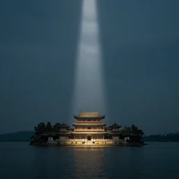 At the bottom of the huge lake, there is an ancient Chinese building that has been sleeping for thousands of years. A ray of light from the lake illuminates the ancient building at the bottom of the lake
