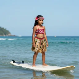 by heywood hardy, by matti suuronen saturated, tender. the conceptual art of a young girl in a traditional hula outfit. she is standing on a surfboard in front of a beautiful ocean landscape.