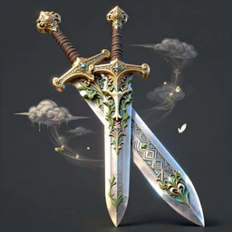 beautiful fantasy!!! giant sword!!! carved with decorative ornament, acanthus scrolls, lilies, ivy, energy, geometry, bones, petals, stems, ceremonial clouds, dripping paint, fibonacci rhythm, artstation, artgerm, wlop, symmetric ornaments