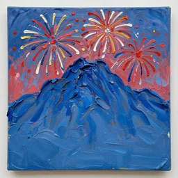 oil paint impasto relief, italian blue mountain with fireworks, multi layered thick brush marks, some splattered paint, in the style of frank auerbach and monet and redon