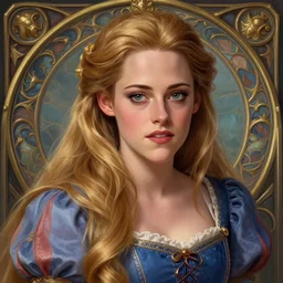 mindblowing portrait of kristen stewart as a rapunzel, deep focus, fantasy, intricate, elegant, highly detailed, digital painting, artstation, concept art, matte, sharp, illustration, hearthstone, art by artgerm and greg rutkowski and alphonse mucha