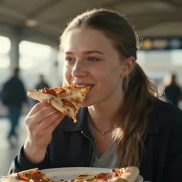 film still close - up shot of greta thunberg giving a speech in a train station eating pizza, smiling, the sun is shining. photographic, photography