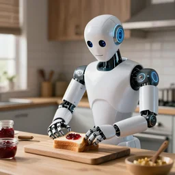 in a cozy kitchen, a humanoid robot chef prepares a sandwich with jam on the table, realistic light, soft light, focus, depth of field, photorealism, 8 k quality, full quality, realistic style
