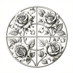 beautiful decorative classical ornamental emblem, fibonacci rhythms, roses, rose petals, leaves, stems, highly detailed etching, rendered in octane