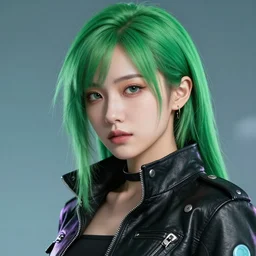 young Asian Cyberpunk woman with green hair, Close up portrait, wearing a leather jacket, hyperdetailed, artstation, cgsociety, 8k