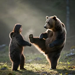 photo of Chie Satonaka kicking a grizzly bear, natural lighting, moody shadows, god rays, faint dust in the air, DSLR photo, 4k