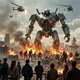 giant robotic aliens attacking city, people watch from oil rig platform they have fled the city and watch as it burns, helicopters and fighter jets flying by shooting at the giant robotic aliens, clone army destroying humans in the city, humans vs the robots, in the style of terminator salvation
