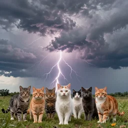 daytime outdoor photograph of colorful cats in the middle of the storm, cloudy sky, thunder, lightning