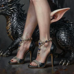 painting of female goblin using heels with intricate jewelry on a black dragon, immaculate scale, hyper-realistic, Unreal Engine, Octane Render, digital art, trending on Artstation, 8k, detailed, atmospheric, immaculate