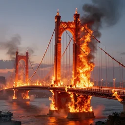 a beautiful hyperrealistic detailed 3D render of a burning bridge, by Anton Otto Fischer, Atey Ghailan, genzoman, unreal engine, octane render, gigantic, 3D, brilliantly coloured, intricate, ultra wide angle, trending on artstation, embers, smoke, dust, dusk, volumetric lighting, HDR, polished, micro details, ray tracing, 8k