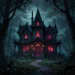 digital art of a spooky mansion in the woods with mountains in the back, a trail leads to the doors. vampires and stuff.