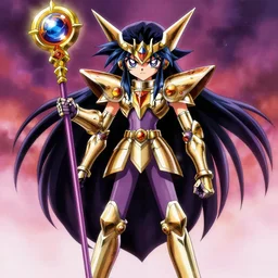 dark magician girl from yu-gi-oh, shell armor and helmet, staff, stern look, anime style, full view