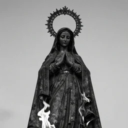 statue of holy mother mary of sacred heart, half black and burned and on fire, crisp grainy photograph