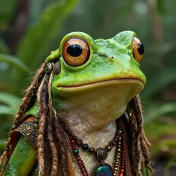 half - body portrait of hippie frog goddess in garden masterpiece happiness by jim burns doyle, tim detailed ultrarealistic expressive eyes dynamic cinematic dramatic