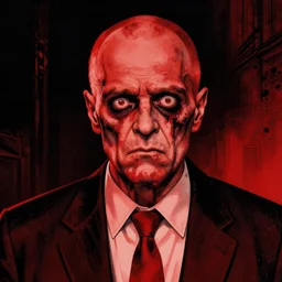 zombie saul goodman, in the style of beksinski, red, black, vibrant, chiaroscuro, high detail, perfect artwork, clean lines