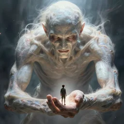 an immense beautiful terrifying pale humanoid giant grabbing a tiny human in its hand. ethereal horror fantasy art by greg rutkowski and magali villanueve