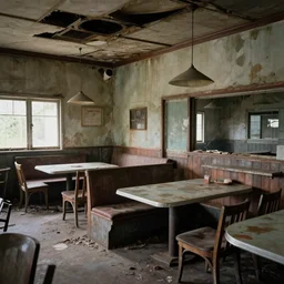 a hyper realistic 1980 restaurant abandoned