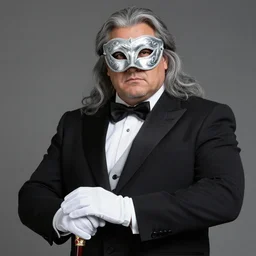 a burly man in a gentleman's dress. he has long gray hair and a silver mask on his face. the mask has beautiful patterns. he wears white gloves and holds a walking stick inlaid with ruby.