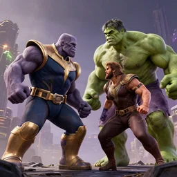 cinematic,wide shot,Thanos fights Hulk Maestro on Titan,photorealistic,digital art,epic,masterpiece,legendary,illustration by artgerm,dramatic lighting,trending on artstation,8k