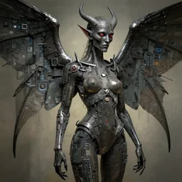 winged cyberpunk demon trapped in circuitry, intricate detail, miro, royo, whealan, klimt,
