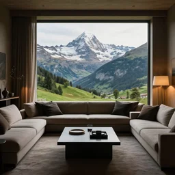 fantastical living room with switzerland landscape in the window by marc adamus, beautiful dramatic lighting, high definition