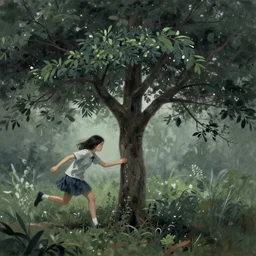 a tree that grows around and protects a running girl, her tears feed the tree, painting, dark optimism