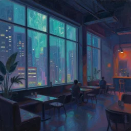 cyberpunk loft lounge with tall windows, few people, city in background, drawn by feng zhu, sparse plants, dim painterly lighting volumetric aquatics, impasto
