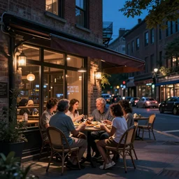 family having dinner, outside, at night, at a cafe on the street, city, digital art