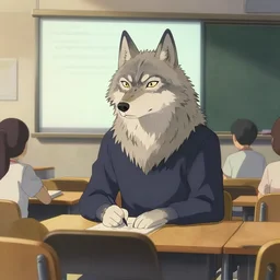 anthropomorphic wolf attending a college lecture, art by Makoto Shinkai