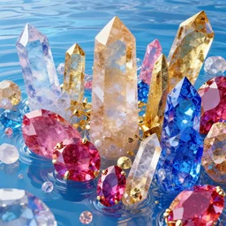 vivid dream of recursive joy, nice and kind, quartz, water, gold, ruby, sapphire, quicksilver, vaporwave, realistic, HDR, render