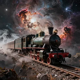 bizarre outer space nebula scene of an old steam train just chuggin' along the best it can. ultra-wide shot, detailed, trending on artstation, light effect, 8k, unreal engine 5, epic, masterpiece, highly detailed